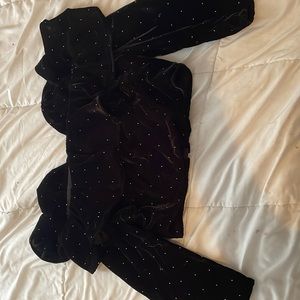 Top shop velvet crop top with gold dots and ruffles